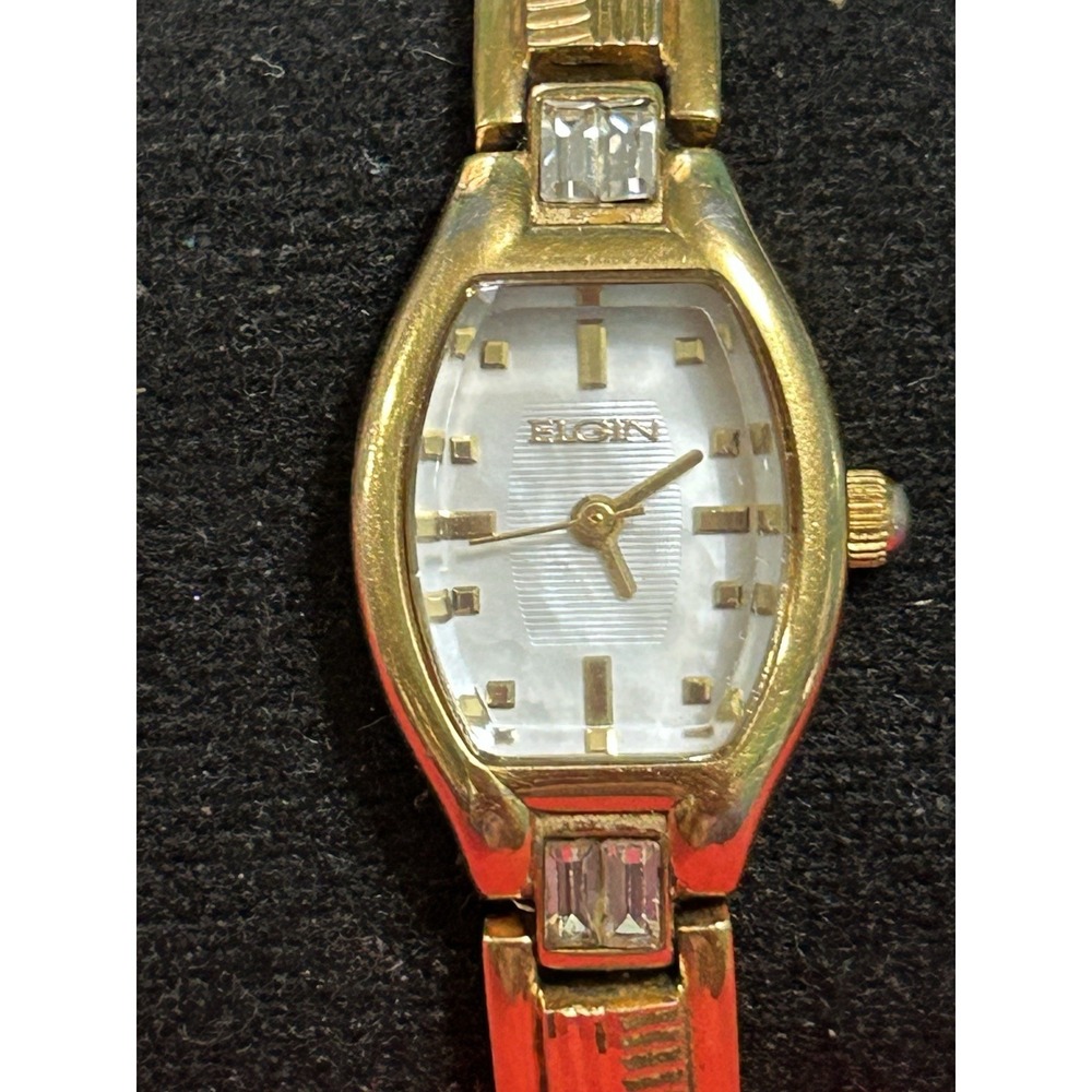 Elgin Women EG193N Mother Of Pearl Dial Gold Tone Tonneau 18mm Quartz Watch 7"‎